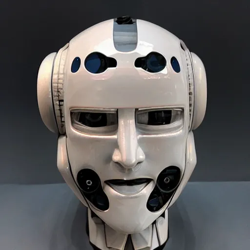 Prompt: cracked porcelain robot bust