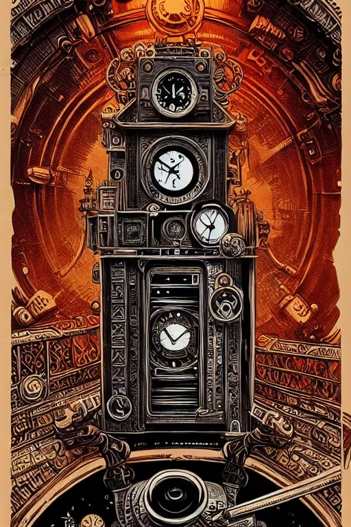 Image similar to ornate steampunk time machine, high details, intricately detailed, by vincent di fate, inking, lineart, 3 color screen print, masterpiece, trending on artstation,, sharp, details, hyper - detailed, hd, 4 k, 8 k