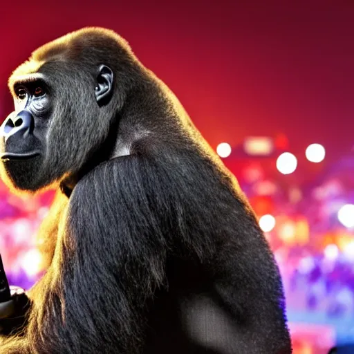 Image similar to a gorilla singing into a microphone as large crowd of people scream, at an outdoor night time stadium concert. highly detailed. wide angle