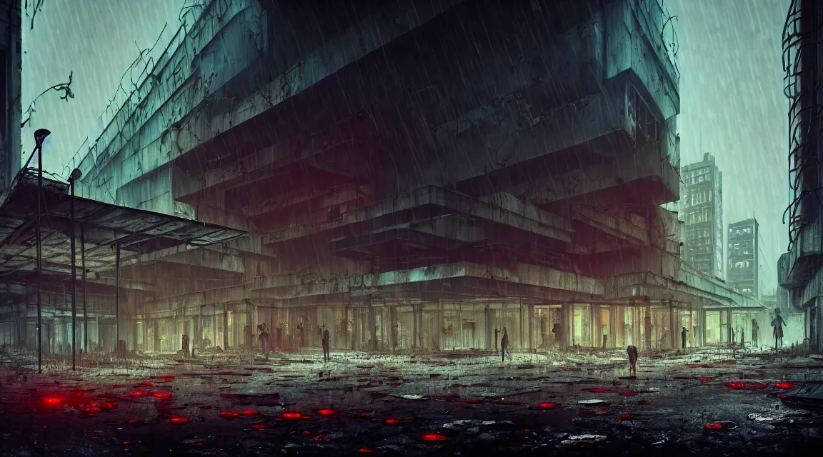 Prompt: post apocalyptic city building, raining, building, avenue, modern contemporary urban americana concrete architecture, by pascal blanche, neil blevins, neon color scheme, trending on artstation, photorealistic, neon ambiance, ultra detailed, high definition, depth of field, bokeh, wild vegetation, blood stains, crumbling, post - apocalyptic warriors