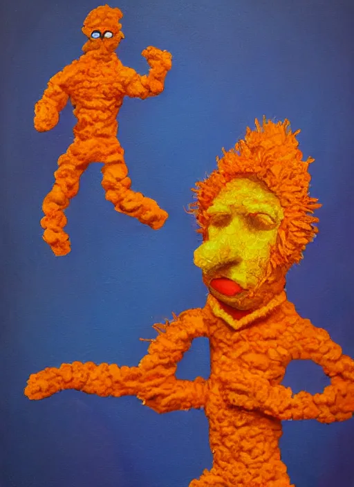 Image similar to cheeto man, extremely detailed, painting in the style of rene margitte, surrealist