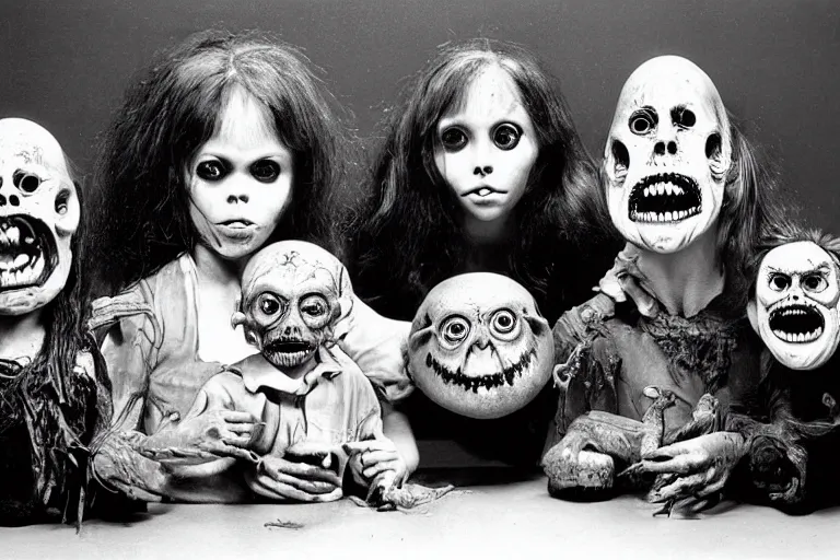 Image similar to studio portrait of a happy creepy mud family with big eyes by bob bottin, horror grotesque, realistic detailed photography 1 9 7 0's