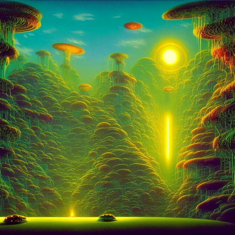 Prompt: mysterious ancient dieties hovering over magical quantum jungle, infinite psychic waves, synthwave, bright neon colors, highly detailed, cinematic, wide angle, tim white, michael whelan, roger dean, bob eggleton, lisa frank, vladimir kush, kubrick, kimura, isono