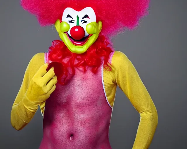 Image similar to mischief the clown, interface, umami, youtube series, pink monster clown, red lips with yellow teeth, big red nose, large yellow eyebrows, pink spaghetti body