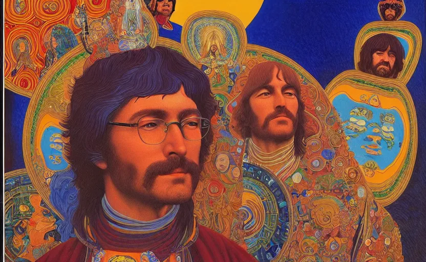 Image similar to an breath - taking jean giraud work of art of john lenon in the style of a renaissance masters portrait, mystical and new age symbolism and tibetan book of the dead imagery, intricately detailed, the beatles imagery, 4 k