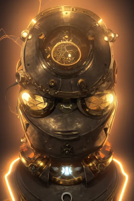 Image similar to steampunk mask minimalist fantasy art robot ninja helmet, global illumination ray tracing hdr fanart arstation by sung choi and eric pfeiffer and gabriel garza and casper konefal radiating a glowing aura