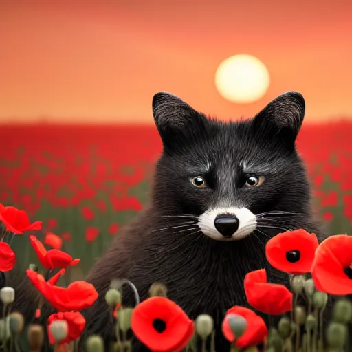 Prompt: a closeup photorealistic photograph of a black cute adult cat sitting on 4 paws next to big a black and white adult racoon in a field of poppy with a red sunset in the background. This 4K HD image is Trending on Artstation, featured on Behance, well-rendered, extra crisp, features intricate detail and the style of Unreal Engine.