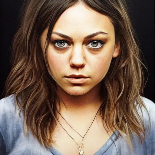 Prompt: portrait of the daughter of mila kunis and jennifer lawrence as a young woman, hyperdetailed, hyperrealism.