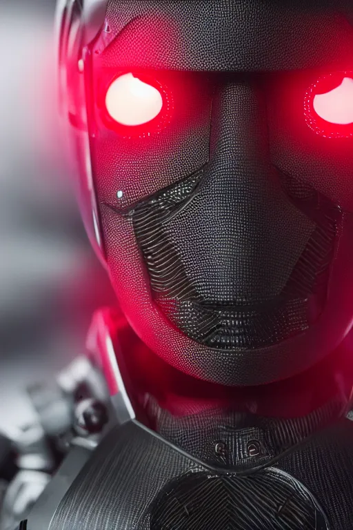 Image similar to closeup shot of a carbon black cyborg, macro shot, dof, cinematic, volumetric lighting, studio shot, red light, 4 k, highly detailed