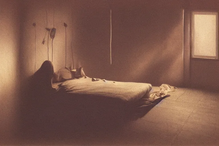 Image similar to IKEA catalogue photo, cyberpunk teenager bedroom, by Beksiński