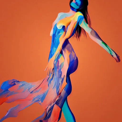 Prompt: beautiful model girl body art fabric skin turns into dress creasing plastic bag folds heavy brushstrokes style of jonathan zawada, thisset colours simple background gradient objective light orange and blue amber colours