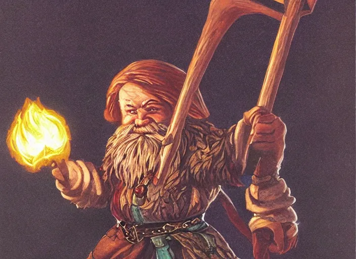 Image similar to a dwarf sorcerer holding a pickaxe and a large jewel. his eyes are glowing. high fantasy art ( 1 9 8 7 )