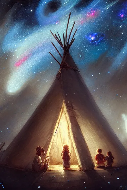 Image similar to a mother a father and 8 children sitting in front of a tipi with galaxies overhead, stars, nebulae, by wlop, by luis royo, by peter mohrbacher, concept art, digital illustration, intricate, masterpiece, elegant, super detailed, unreal engine rendering, smooth, sharp focus, artstation hq