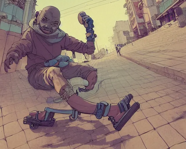 Image similar to a cell shaded cartoon of a monk in rollerblades, illustration, subtle colors, post grunge, concept art by josan gonzales and wlop, by james jean, Victo ngai, David Rubín, Mike Mignola, Laurie Greasley, highly detailed, sharp focus, alien, Trending on Artstation, HQ, deviantart, art by artgem