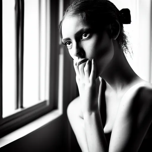 Prompt: black and white fashion photography of a beautiful depressed Woman with detailed face in the heroine chique style standing by the window, natural light, sigma 85mm f/1.4 1/10 sec shutter