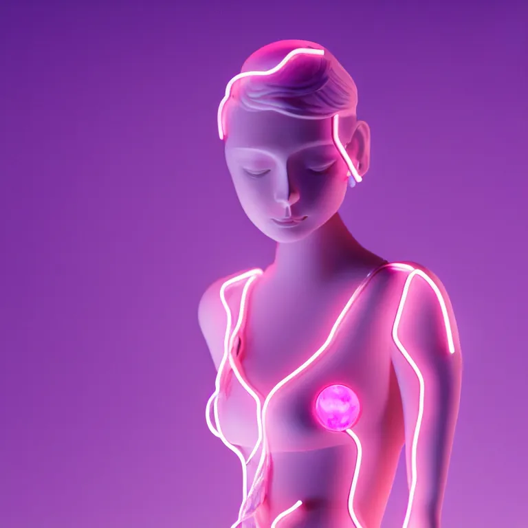 Image similar to beautiful mannequin sculpted out of amethyst by billelis + lit with 3 d geometric neon + doorway opening with neon pink geometric light + hosta flowers!!!, moon in background!!!!!!, rule of thirds, clean linework, dramatic, award winning, 4 k, trending on artstation, photorealistic, volumetric lighting, octane render