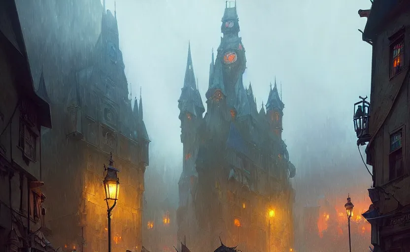 Image similar to a medieval city with rainy and moody cinematic lighting by darek zabrocki and greg ruthkowski, alphonse mucha, simon stalenhag and cinematic and blue cold atmospheric, concept art, artstation, trending on artstation