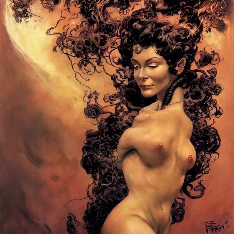 Image similar to portrait of a woman with swirling hair and fractal skin by frank frazetta, retrofuturism, psychedelic art reimagined by industrial light and magic