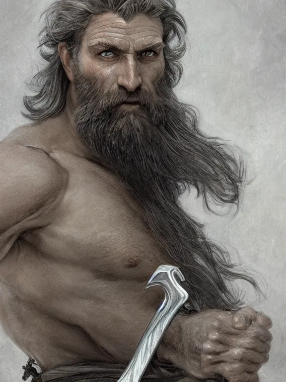 Prompt: painted portrait of rugged odin, god of war, eyepatch, norse god, white hair, masculine, mature, handsome, upper body, grey and silver, muscular, hairy torso, fantasy, intricate, muscular, elegant, highly detailed, digital painting, artstation, concept art, smooth, sharp focus, illustration, art by gaston bussiere and alphonse mucha