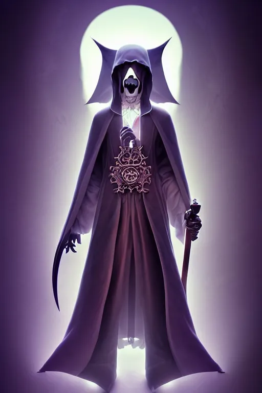 Prompt: video game cover, cartoon grim reaper dressed with a cape, intricate baroque style. by hsiao - ron cheng, by goro fujita, by octavio ocampo, masterpiece. intricate artwork, very coherent symmetrical artwork, cinematic, octane render, smooth gradients, high contrast. full body character, clean ink detailed line drawing