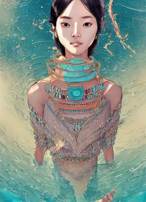 Image similar to lee jin - eun in luxurious dress emerging from turquoise water in egyptian pyramid city during an eclipse by james jean, conrad roset, m. k. kaluta, martine johanna, rule of thirds, elegant look, beautiful, chic, face anatomy, cute complexion