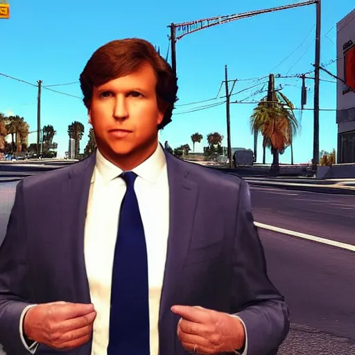 Prompt: “ fox news tucker carlson in gta v loading screen ”