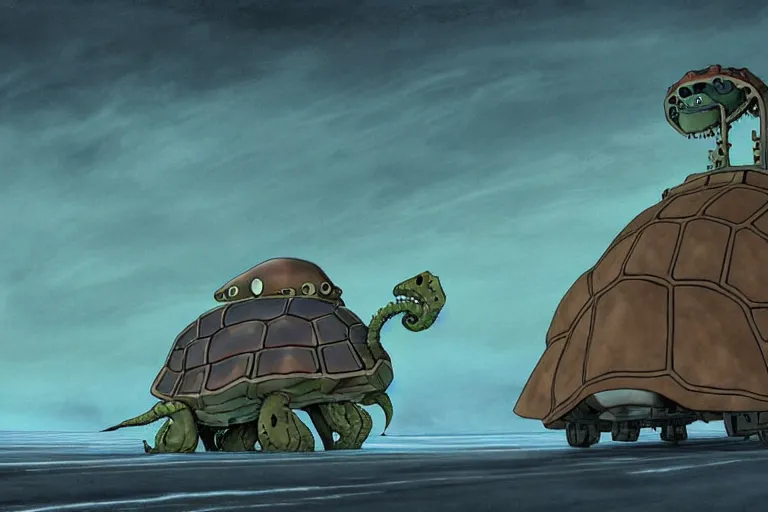 Image similar to cell shaded cartoon of a giant lovecraftian mechanized turtle from howl's moving castle ( 2 0 0 4 ), on an icy road in the mist, full body, wide shot, very muted colors, post grunge, studio ghibli, highly detailed, deviantart, art by artgem