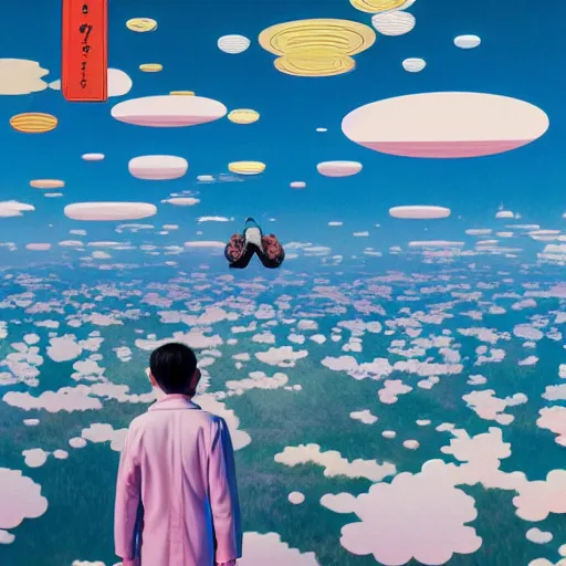 Image similar to a man walking on clouds away from the camera above kyoto by takashi murakami, beeple and james jean, aya takano color style, 4 k, super detailed, modern, 4 k, symmetrical