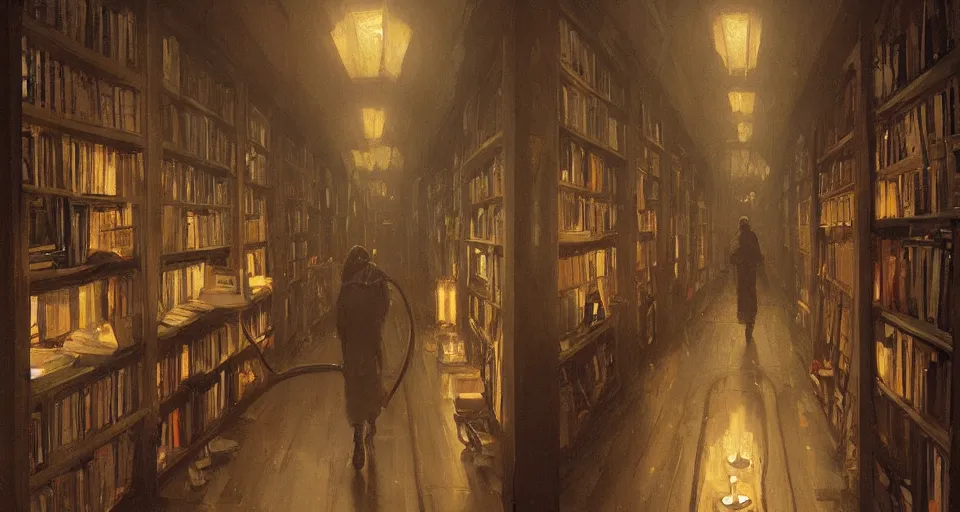 Image similar to Stefan Koidl's painting of a long dark creepy victorian corridor with bookshelves everywhere and two candles. 4k, octane, digital painting, artstation, concept art, sharp focus, illustration, art by artgerm and greg rutkowski and alphonse mucha.