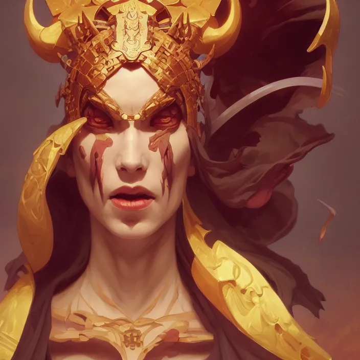 Image similar to excellent painted portrait of the grand demon tyrant, high quality masterpiece painted portrait, symmetry, 4k, trending on artstation, octane render, art by artgerm and greg rutkowski and alphonse mucha and craig mullins and James Jean and Andrei Riabovitchev and Marc Simonetti and peter mohrbacher