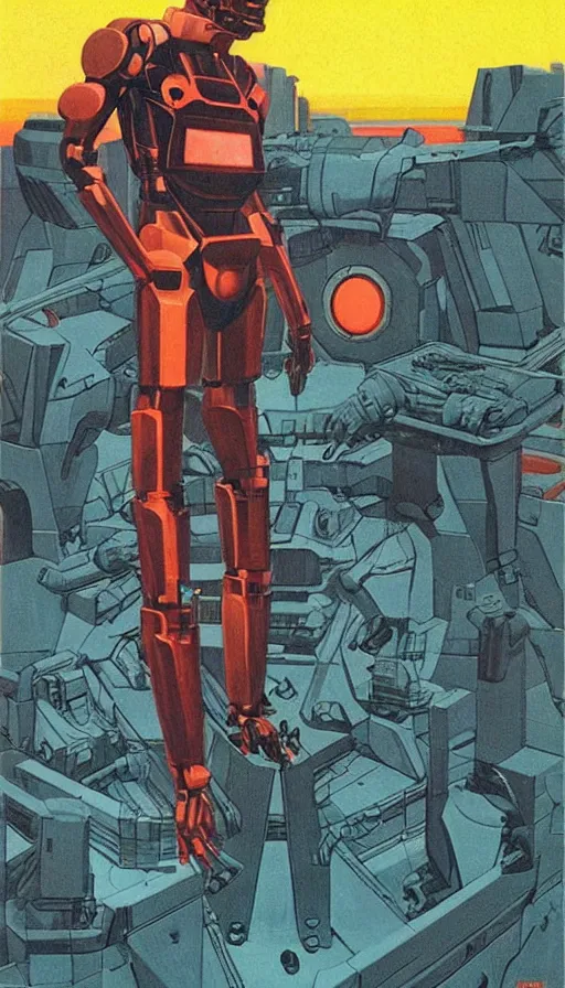 Image similar to a machine questioning deus ex machina about the future of art, big room, 7 0 s sci - fi colors, high detailed, art by vincent di fate