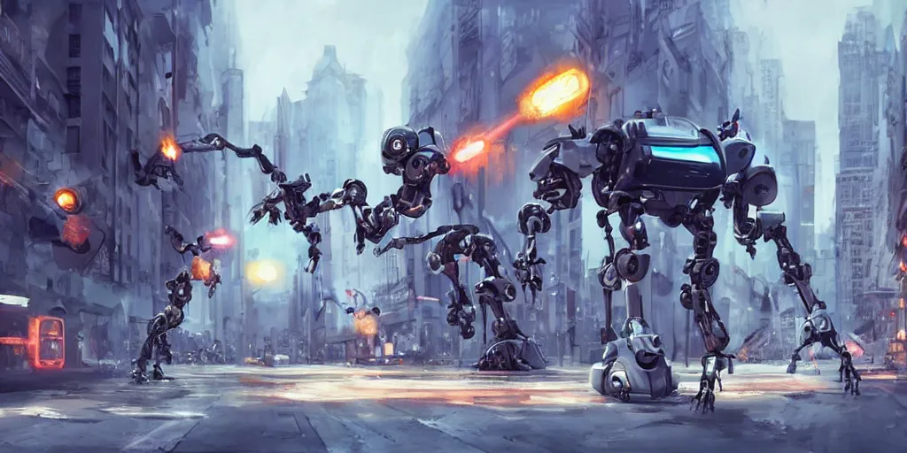 Image similar to evil robots taking over the city, cinematic, concept art, action poses