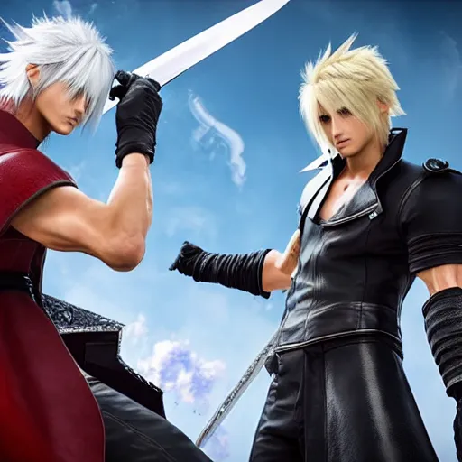 Image similar to Dante from Devil May Cry 5 and Cloud Strife from Final Fantasy VII Remake fighting with their swords, fantasy, shot on iphone, hyperrealism 8k,