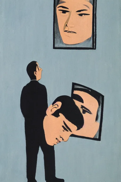 Image similar to man looking into a mirror, 1960’s minimalist advertising illustration, painterly, expressive brush strokes