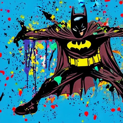 Image similar to batman breakdancing, splatter paint