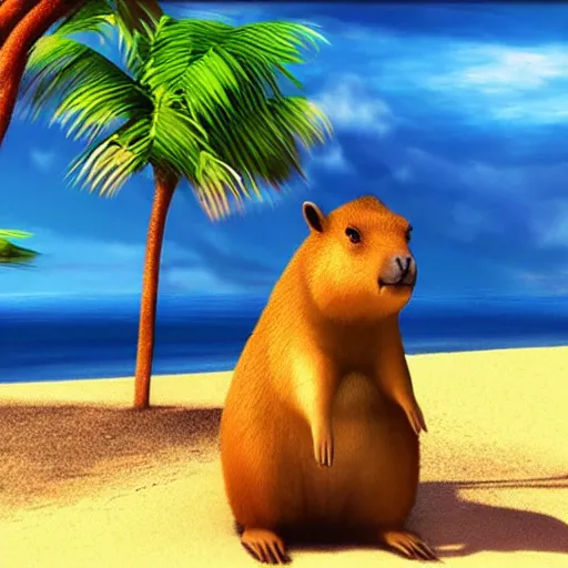 Image similar to “two best friend capybara and bunny with black spots on face and nose, on a beach with blue water and white sand, swaying palms, photorealistic render, colorful sunset, unreal engine 5, dynamic lighting, trending on artstation,”