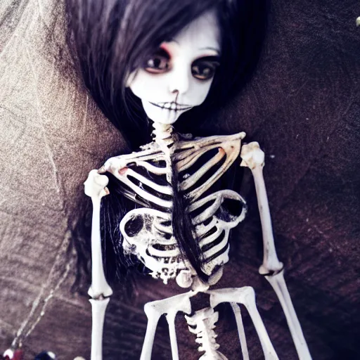 Prompt: lovely realistic ball jointed high end lapis lazuli skeleton doll with fashion and cute accessories, inside gothic doll manor bedroom, god rays, dust particles, photorealistic, aesthetic shot, worms eye view, macro camera lens, high definition, thematic, cinematic, lens flare