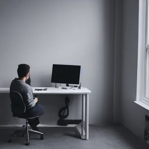 Image similar to a programmer sitting in front of a grey computer screen, with grey walls, grey clothes, and a grey light.