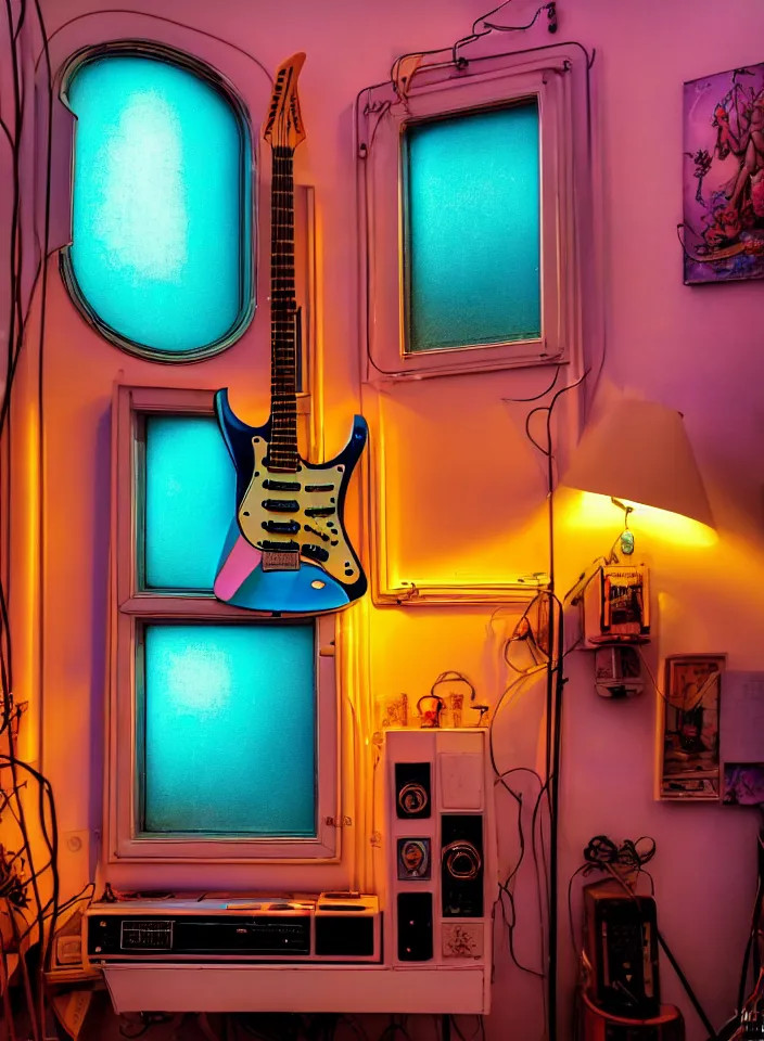 Prompt: telephoto 7 0 mm f / 2. 8 iso 2 0 0 photograph depicting the feeling of chrysalism in a cosy safe cluttered french sci - fi art nouveau cyberpunk apartment in a pastel dreamstate art cinema style. ( electric guitar ) ( ( fish tank ) ), ambient light.