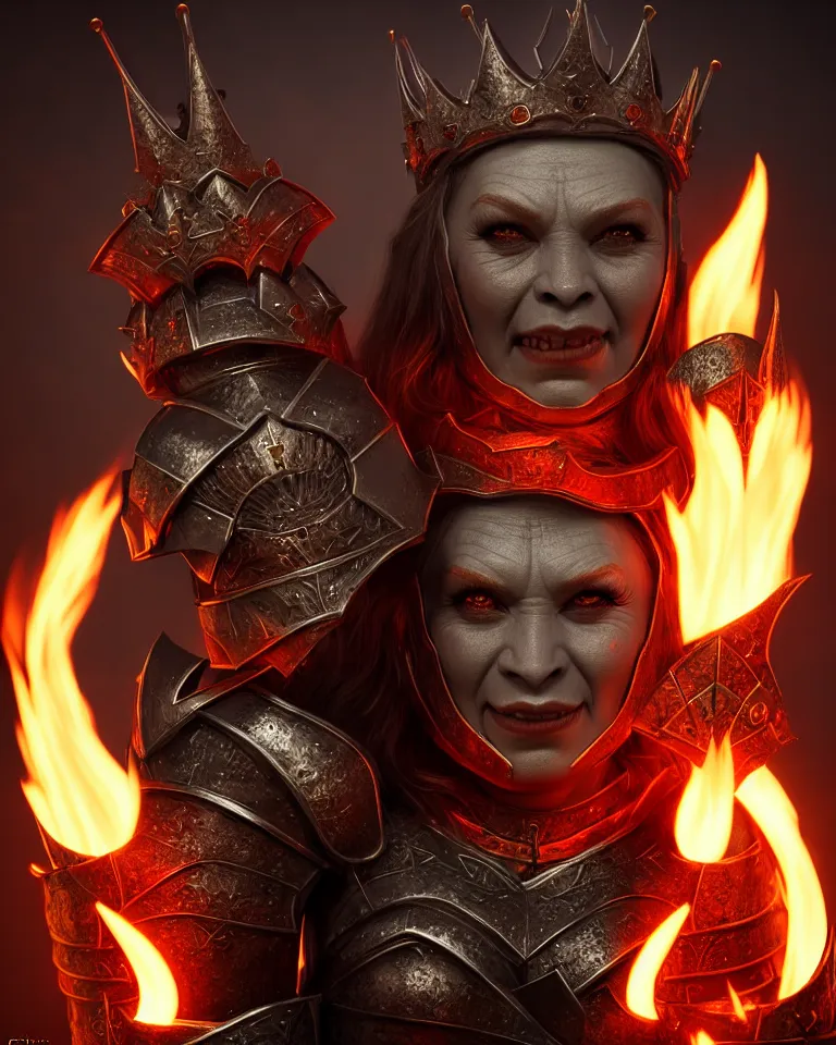 Image similar to epic portrait of female orc in plate armour and crown of fire by cleavanger and elvgren epic awesome gorgeous symmetrical perfect octane vfx maya render realistic