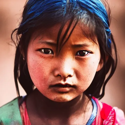 Prompt: Photo of a young Tibetan girl with blue eyes in the style of Lee Jeffries