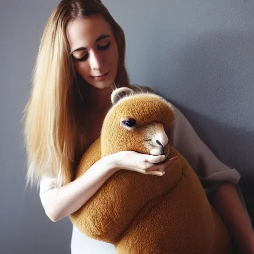 Image similar to “Young woman with long blonde hair cuddling an alpaca plushie, photography, hyperrealistic”