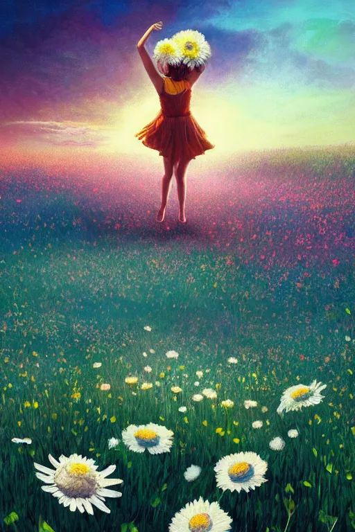 Image similar to giant white daisy flower head, girl dancing in a flower field, surreal photography, sunrise, dramatic light, impressionist painting, colorful clouds, digital painting, artstation, simon stalenhag