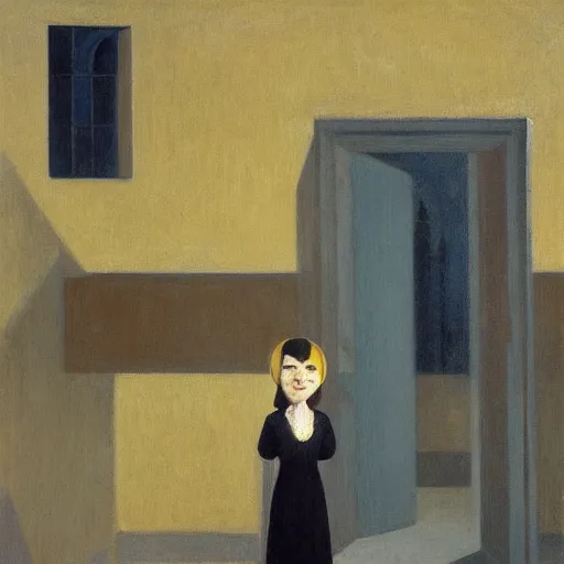 Image similar to in the distance, a little girl with short black hair and wearing a yellow coat alone in the inner courtyard of an abbey, there is a fantoin with a female face in the back, the light is bright and wintry, painting by hopper and de chirico