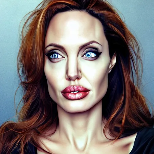 Prompt: portrait of angelina jolie, red hair, beautiful, hyper - detailed, ultra realistic, cinematic, photo - realistic, blue eyes, woman, emo, suffering from insomnia