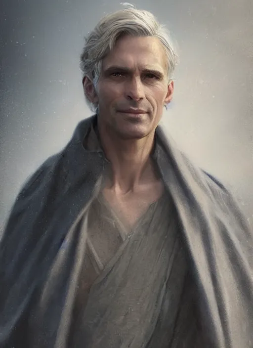 Prompt: a clean shaven man aged 4 0 with tousled blonde hair and hazel eyes and a friendly expression. he is handsome and wearing a grey cloak. head and shoulders portrait painting by greg rutkowski