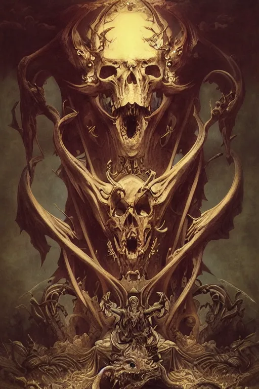 Image similar to evil gigantic demon skull lord of death, fantasy painting, ultra realistic, wide angle, art nouveau, intricate details, rainbowshift, vivid colors, highly detailed by peter mohrbacher, h. r. giger, maxfield parrish, gaston bussiere, gustave dore, craig mullins