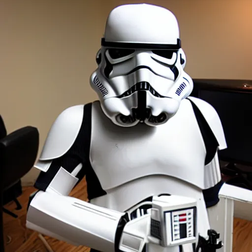 Prompt: stormtrooper gaming on a pc