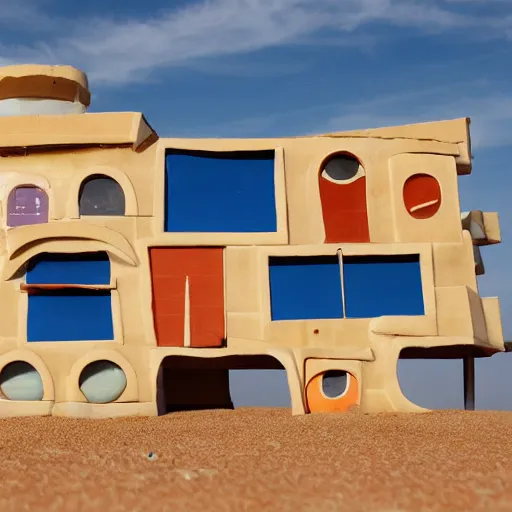 Image similar to big scale baby toy hotel in the dessert, cubism