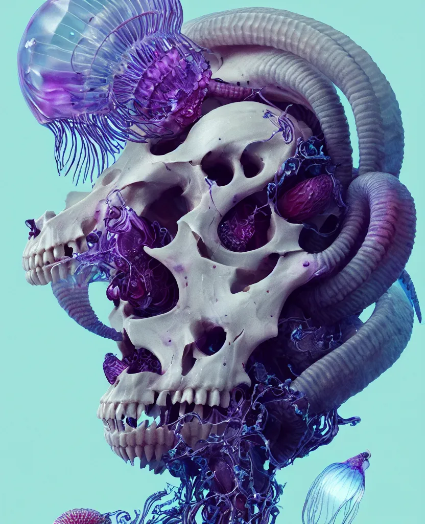 Image similar to goddess close-up portrait goat skull. jellyfish phoenix head, nautilus, orchid, skull, betta fish, bioluminiscent creatures, intricate artwork by Tooth Wu and wlop and beeple. octane render, trending on artstation, greg rutkowski very coherent symmetrical artwork. cinematic, hyper realism, high detail, octane render, 8k